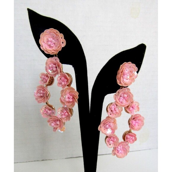 Sophia & Kate Earrings Pink Floral Statement Sequin Faux Seed Pearls Studs NWT - Picture 3 of 4